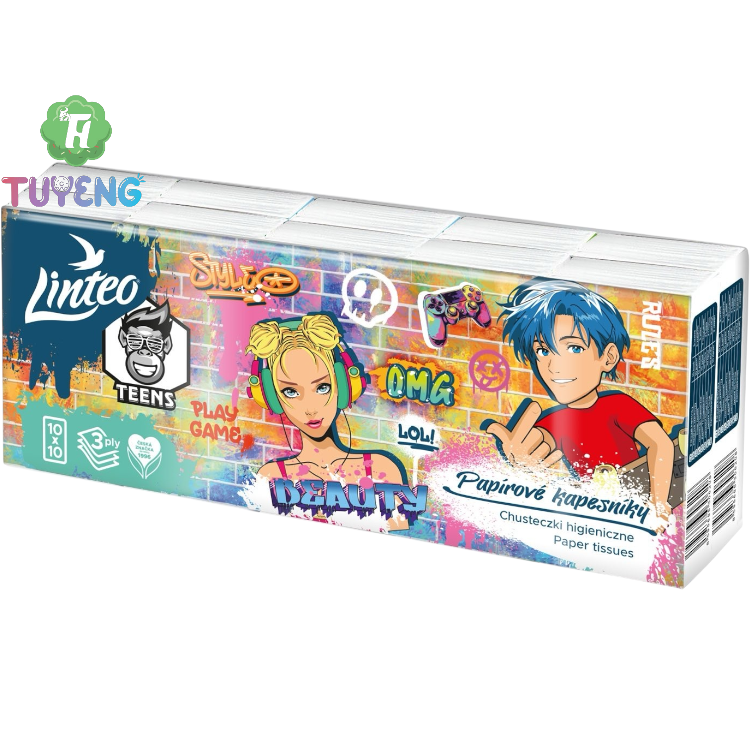LINTEO Teens Papírové Kapesníky Bílé, 3vrstvé, 10×10 ks